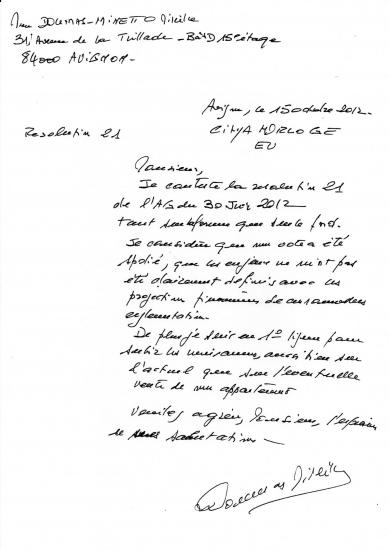 Lettre de madame doumas spoliation de son vote resolution 21 du 30 juin 2012